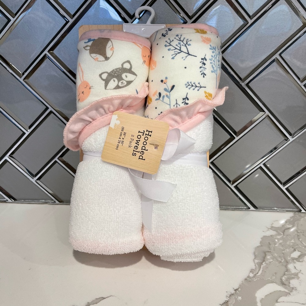 Modern baby hooded towel, 2 pack, pink and white
